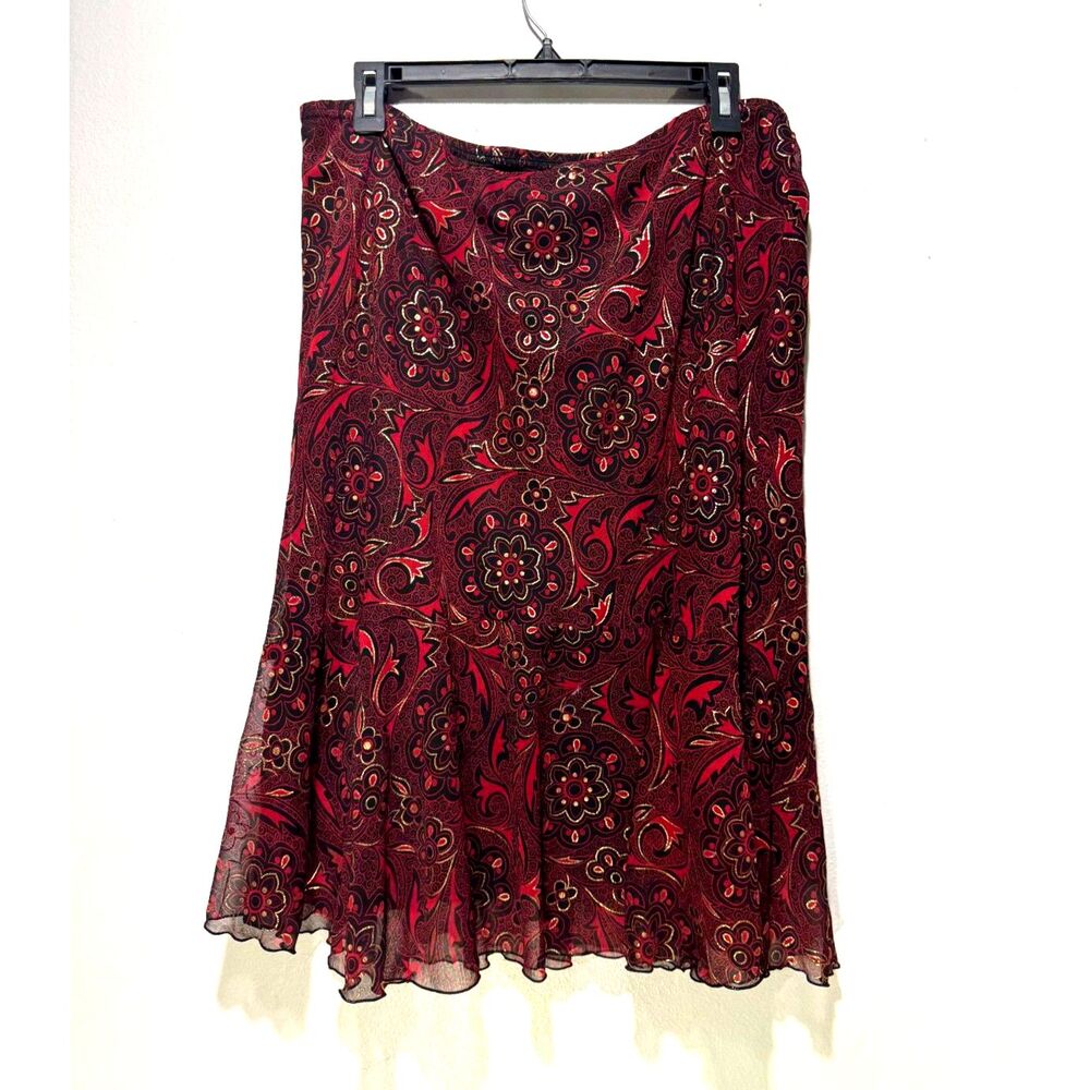 First Option y2K skirt whimsy goth dark romantic floral sheer burgundy women L